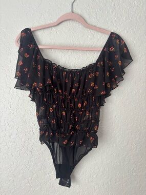 Free People Black Mesh Floral Ruffle Off-Shoulder Bodysuit